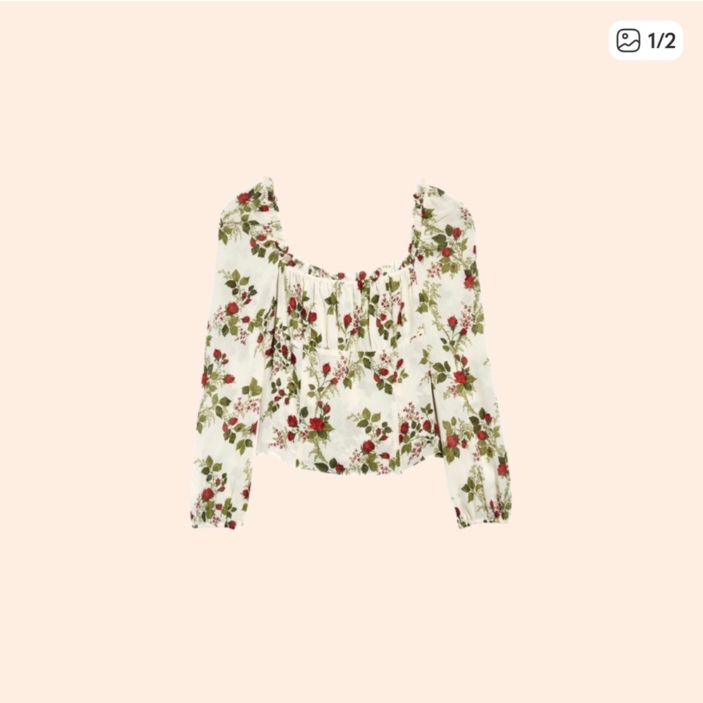 Reformation White Peasant Blouse with Red Rose Print